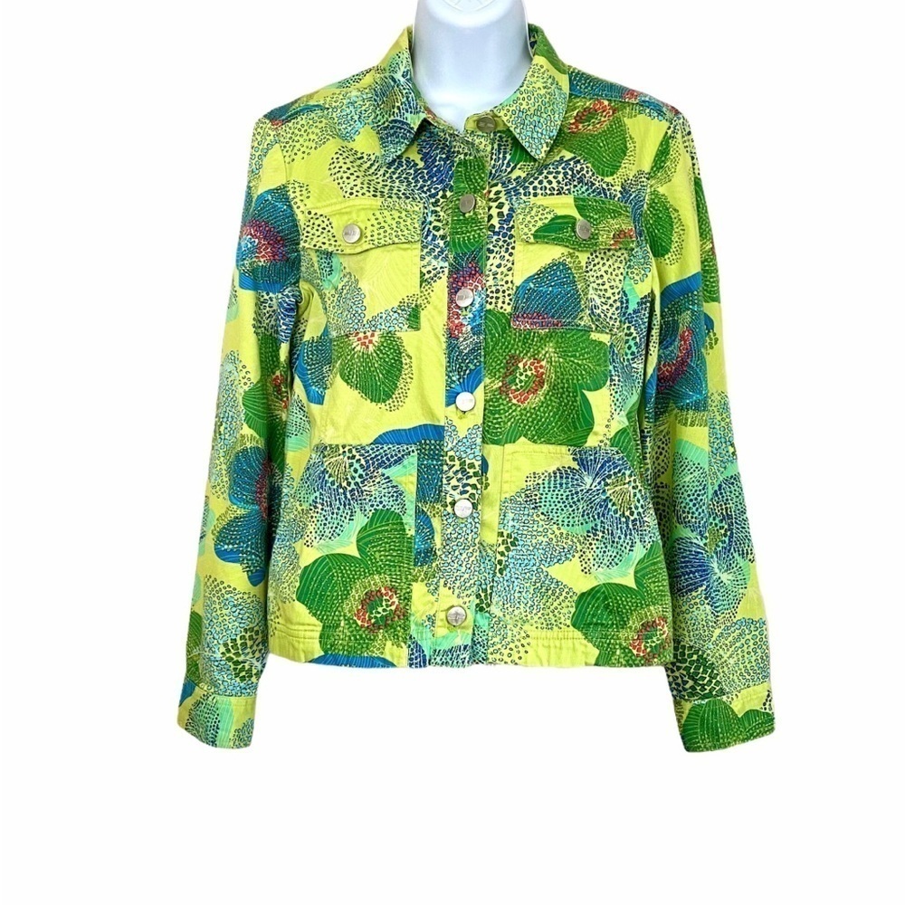 Green Yellow Blazer  Sz Small Jacket Mosaic Floral Artsy Cotton Button Down